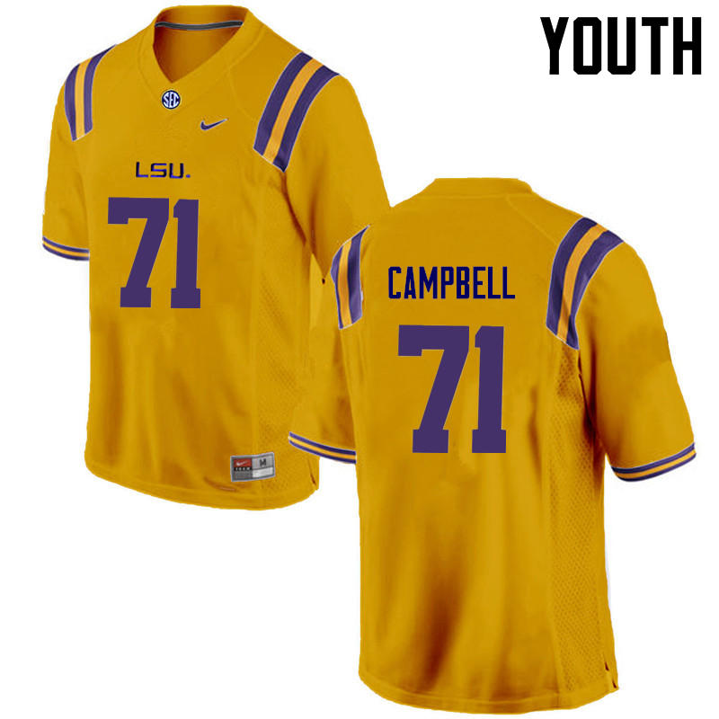 Youth LSU Tigers #71 Donavaughn Campbell College Football Jerseys Game-Gold - Click Image to Close